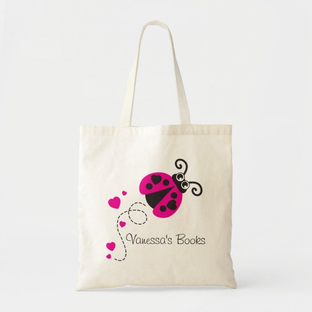 Kids pink ladybug / ladybird hearts library bag (Front)
