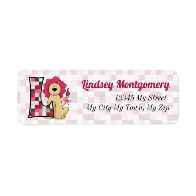 Kid's Pink Lion Monogram Letter L Address Label (Front)