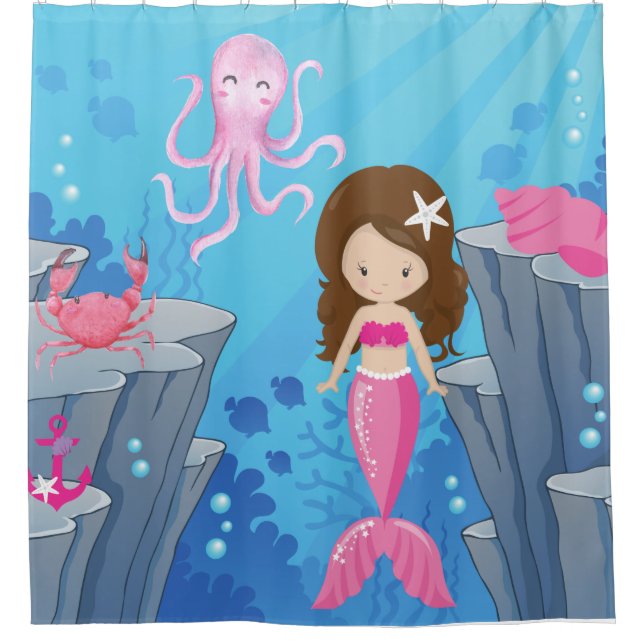 Kids Pink Mermaid Under The Sea Shower Curtain (Front)