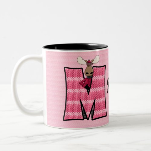 Kids Pink Moose Monogram Letter M and Name Two_Tone Coffee Mug