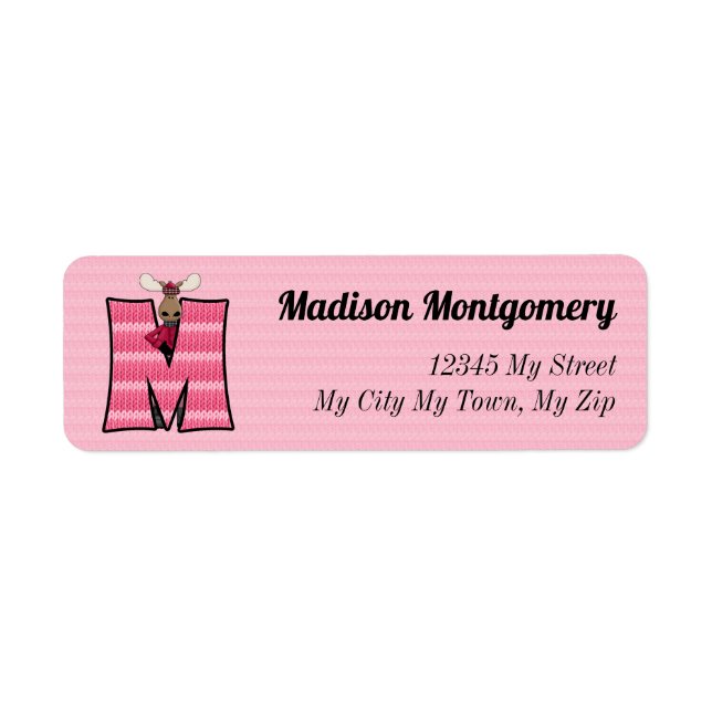 Kids Pink Moose Monogram M Address Label (Front)