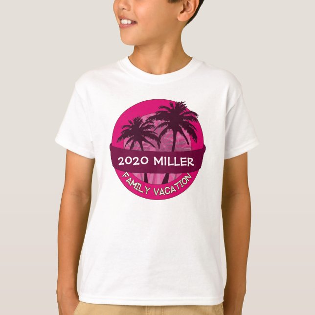 Kids pink palm tree custom name vacation tshirt (Front)