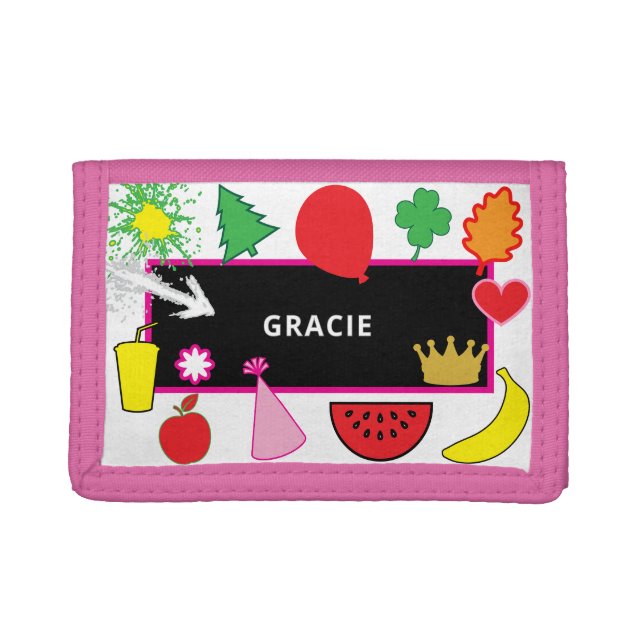 Kids Pink Party Hat Black Chalkboard Name Trifold Wallet (Front)
