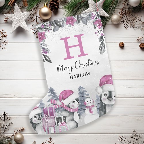 Kids Pink Penguin Monogram Name Small Christmas Stocking