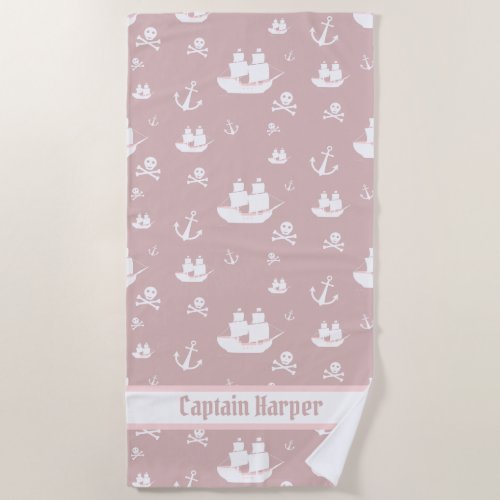 Kids Pink Personalized Anchor Pirate Beach Towel