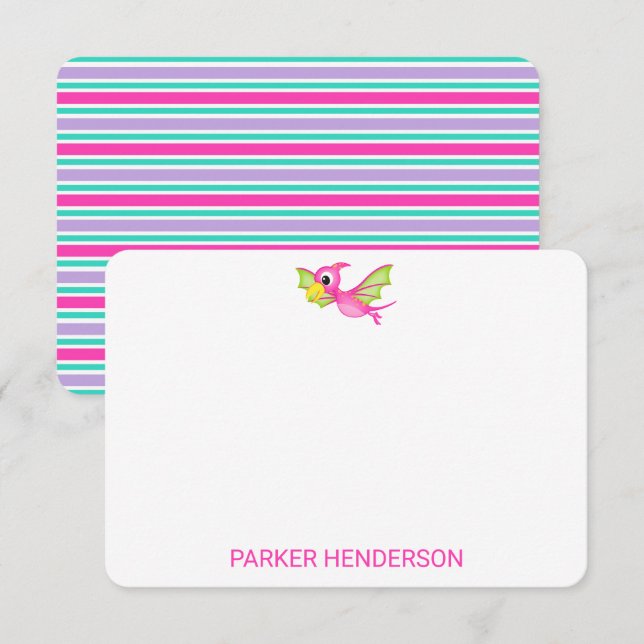 Kids Pink Personalized Dinosaur Stationery Thank You Card (Front/Back)