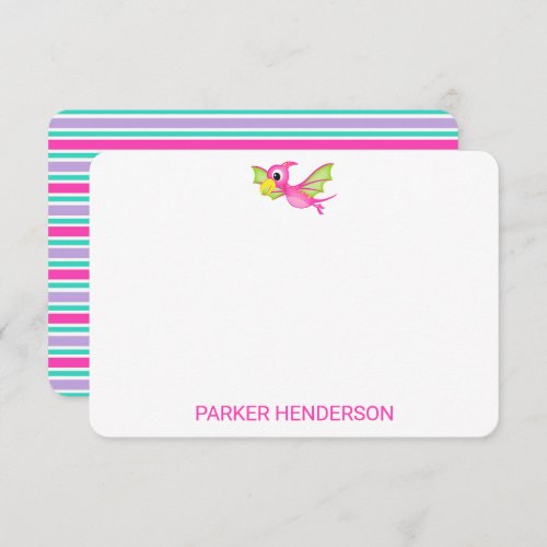 Kids Pink Personalized Dinosaur Stationery Thank You Card