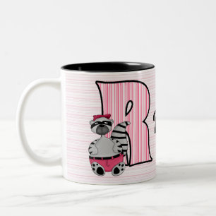 Kids Pink Raccoon Monogram Letter R with Name Two-Tone Coffee Mug