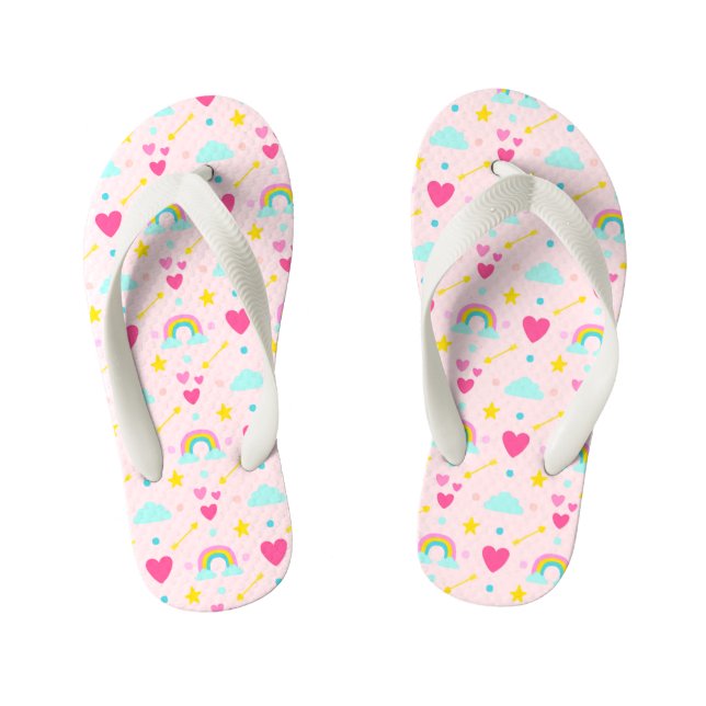 Kids Pink Rainbow Patterned Flip Flops (Footbed)