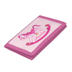 Kids pink rocking horse add your name tri-fold wallet