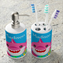 Kids Pink Shark Family Personalized Bathroom Teeth Bath Set Kids Pink Shark Family Personalized Bathroom Teeth Bath Set