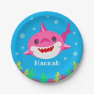 Kids Pink Shark Personalized Birthday  Paper Plates