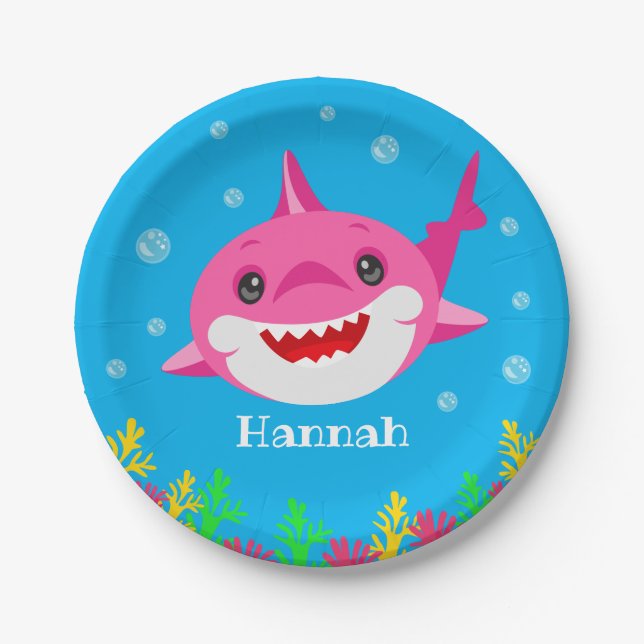 Kids Pink Shark Personalized Birthday  Paper Plates (Front)