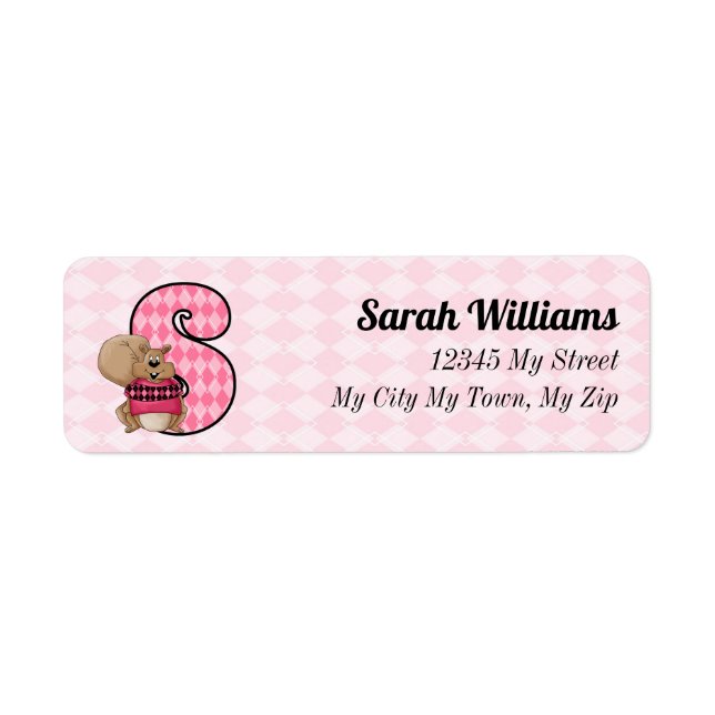 Kid's Pink Squirrel Monogram Letter S Address Label (Front)