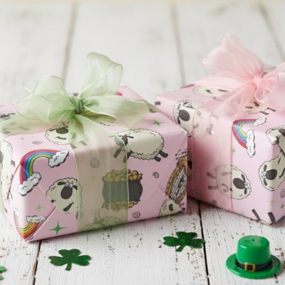 Kids Pink St. Patrick’s Day Sheep &amp; Shamrocks Wrapping Paper