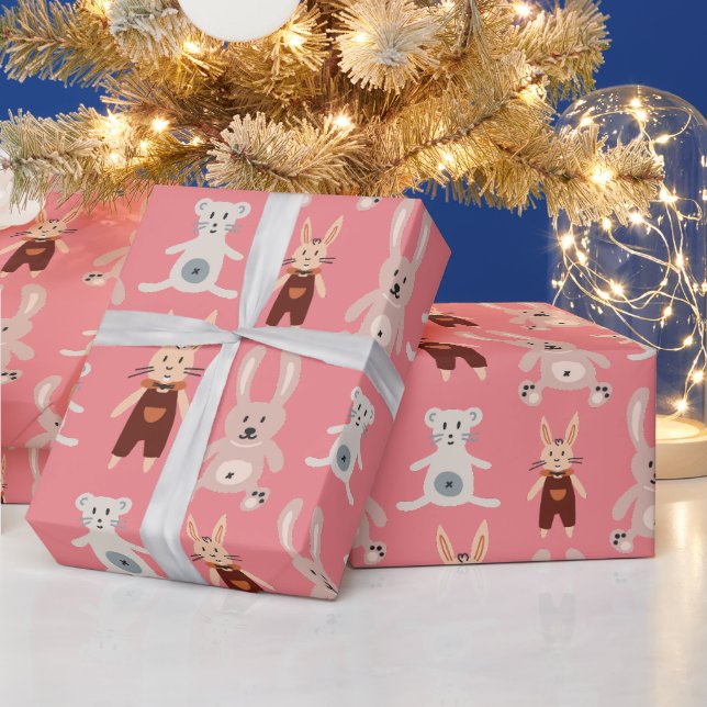 Kids' Pink Teddy Bear Cat Toy Pattern Wrapping Paper (Holidays)