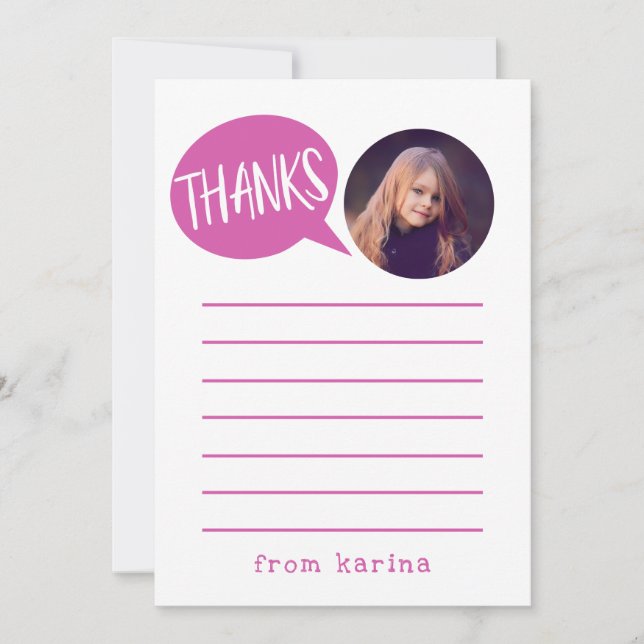 Kids Pink Thank You Card with Custom Photo (Front)