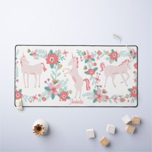 Kids Pink Unicorn and Flowers With Custom Name Desk Mat