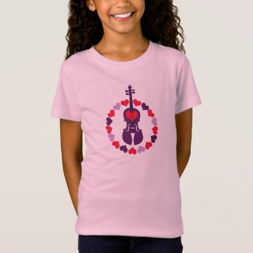 Kids Pink Violin T_Shirt with Hearts