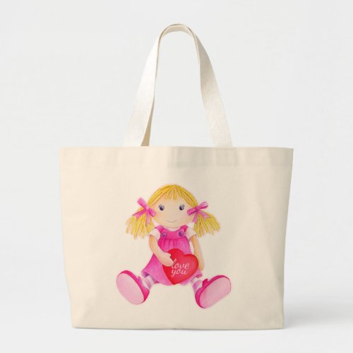 Kids pink whimsical rag doll art library bag