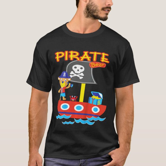 Kids Pirate Bear Treasure Crab Ship Ocean Adventur T-Shirt (Front)