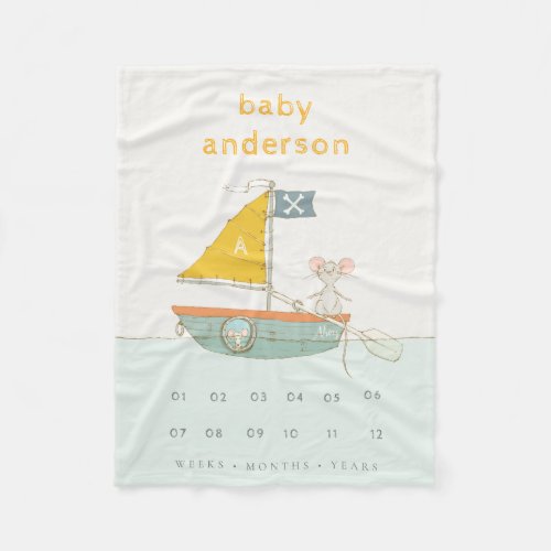 Kids Pirate Mouse Sailboat Monogram Baby Milestone Fleece Blanket