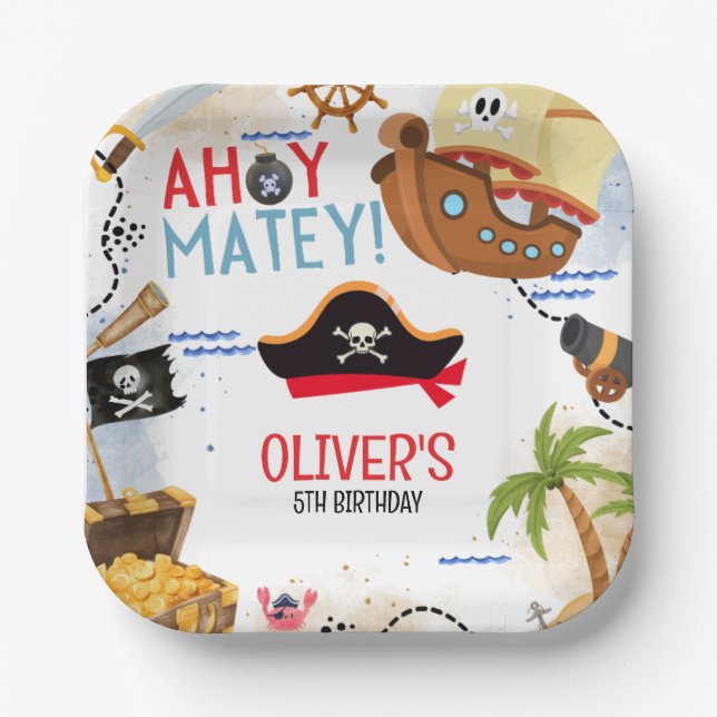 Kids Pirate Party | Ahoy Matey Pirate Birthday  Paper Plates (Front)