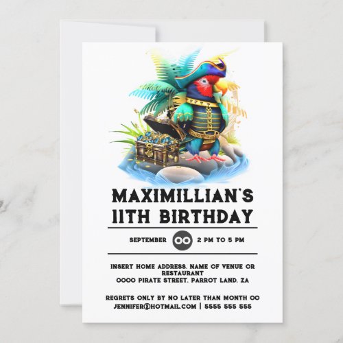 Kids pirate party parrot captain treasure chest  invitation