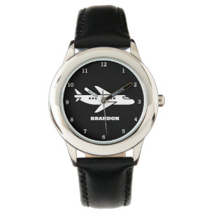Kids Plane Boys Black Custom Name Watch