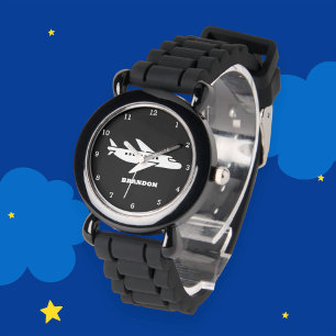 Kids Plane Boys Black Custom Name Watch