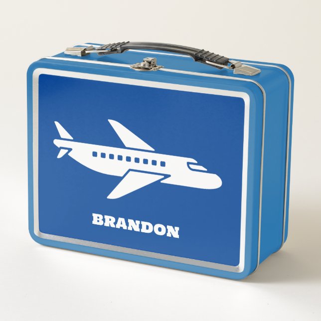 Kids Plane Boys Blue Custom Name Metal Lunch Box (Front)