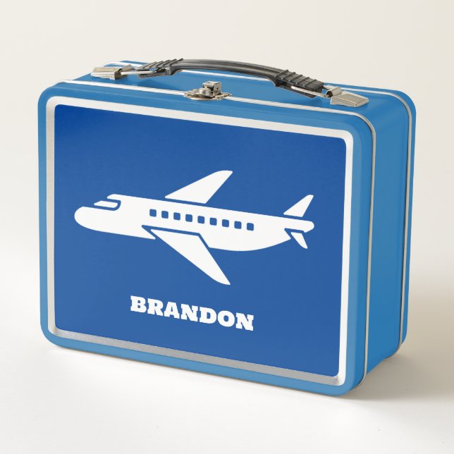 Kids Plane Boys Blue Custom Name Metal Lunch Box (Front)