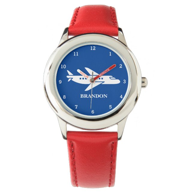 Kids Plane Boys Blue Custom Name Watch (Front)