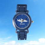 Kids Plane Boys Blue Custom Name Watch<br><div class="desc">Blue,  plane,  aeroplane,  aircraft,  transport,  vehicle,  watch for kids. Custom,  Kids,  Name,  steel blue boys watch. Personalize it with your child's name.</div>