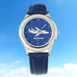 Kids Plane Boys Blue Custom Name Watch<br><div class="desc">Blue,  plane,  aeroplane,  aircraft,  transport,  vehicle,  watch for kids. Custom,  Kids,  Name,  steel blue boys watch. Personalize it with your child's name.</div>