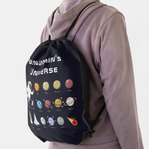 Kids Planets Astronaut Monogram Colorful Universe  Drawstring Bag
