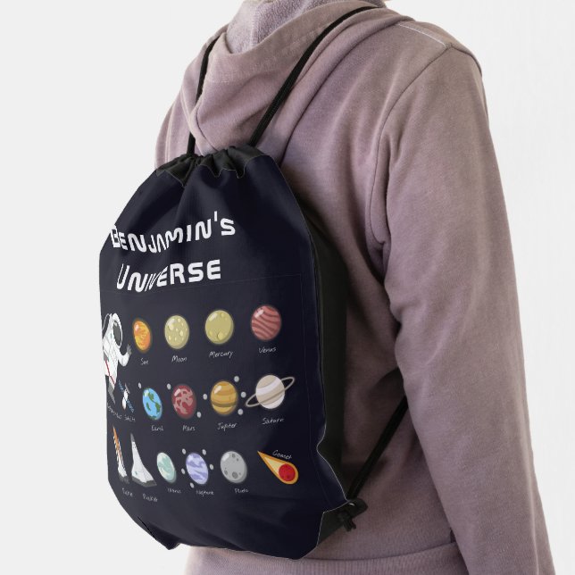 Kids Planets Astronaut Monogram Colorful Universe  Drawstring Bag (Insitu)
