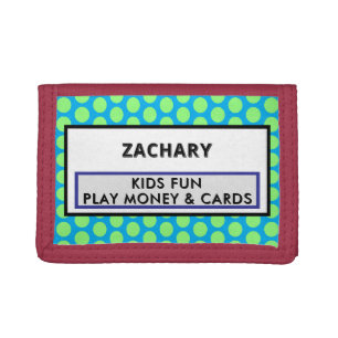 Kids Play Money Cards NAME Green Blue Polka Dots Tri-fold Wallet
