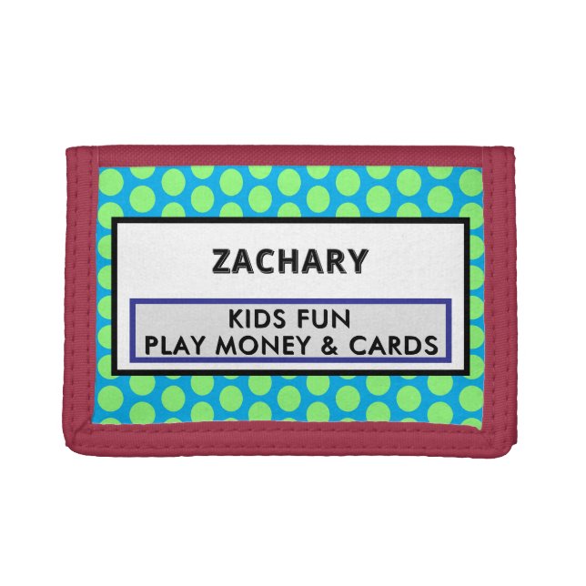 Kids Play Money Cards NAME Green Blue Polka Dots Trifold Wallet (Front)