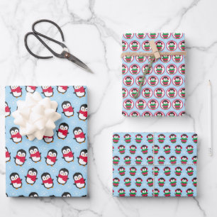 Kids Playful Penguins Christmas Wrapping Paper Sheets