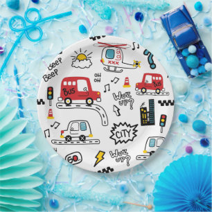 Kids Playful Transport Pattern Paper Plates