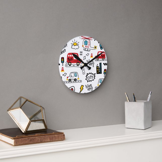Kids Playful Transport Pattern  Round Clock (Office)