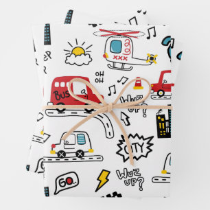 Kids Playful Transport Pattern Wrapping Paper Sheets