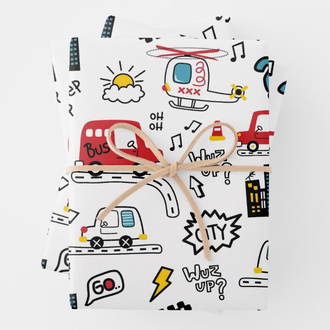 Kids Playful Transport Pattern  Wrapping Paper Sheets (In situ)
