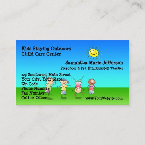 Customizable Kids Playing Outdoors Child Care Business Cards