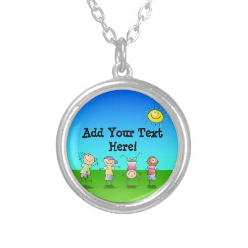 Kids Playing Outdoors on a Sunny Day Silver Plated Necklace