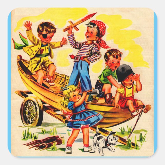 kids playing pirate square sticker (Front)