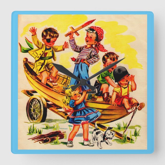 kids playing pirate square wall clock (Front)