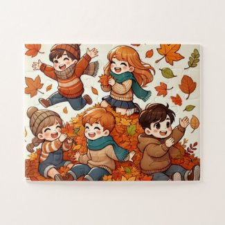 Kids playing with a pile of fallen leaves jigsaw puzzle
