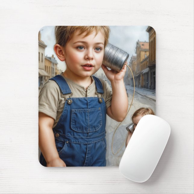 Kids Playing With Retro Tin Can Telephone Mouse Pad (With Mouse)